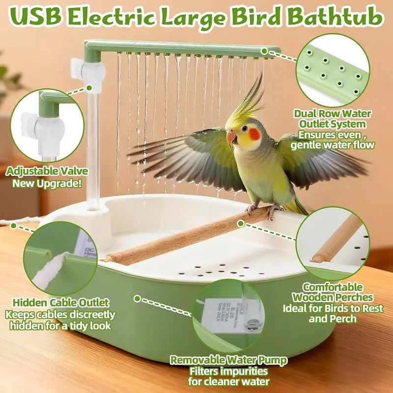 Automatic Bird Grooming Bath Tub with Continuous Rain Shower, Anti-Slip Wooden Perch, Water Circulation, Splash-Proof Deep Basin - Pet Supply Enhances Bath Time, Encourages Natural Bathing Behavior, Supports Happy & Healthy Feathers for Cockatiels