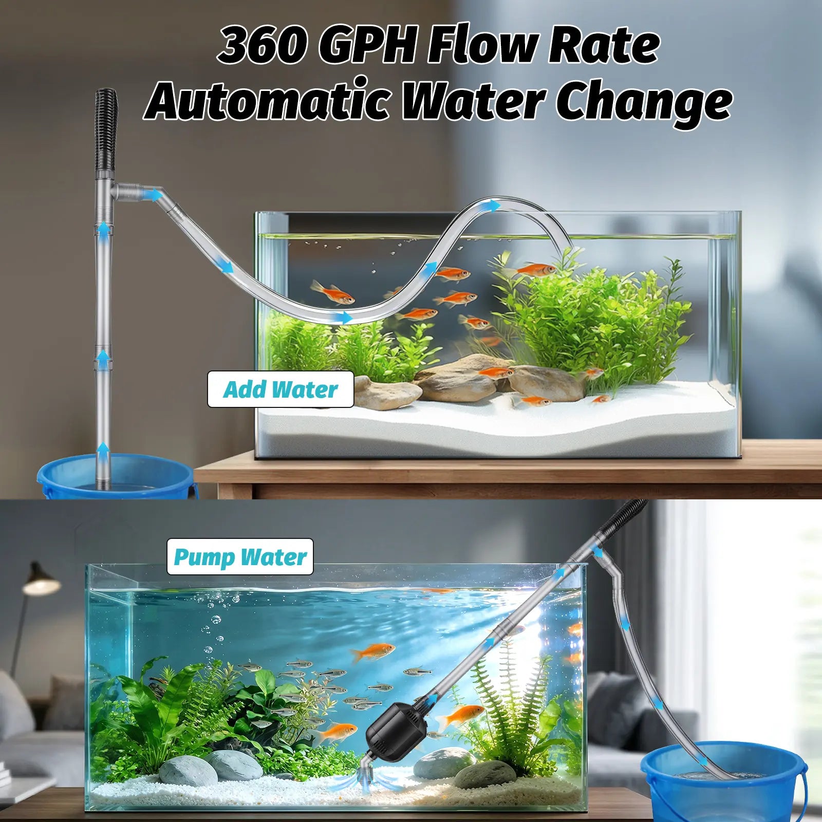Hygger 5 in 1 Electric Aquarium Gravel Cleaner, 360GPH Automatic Fish Tank Vacuum Water Changer, Vacuum Water Changer Sand Wash Filter (15W, Adjustable Length)