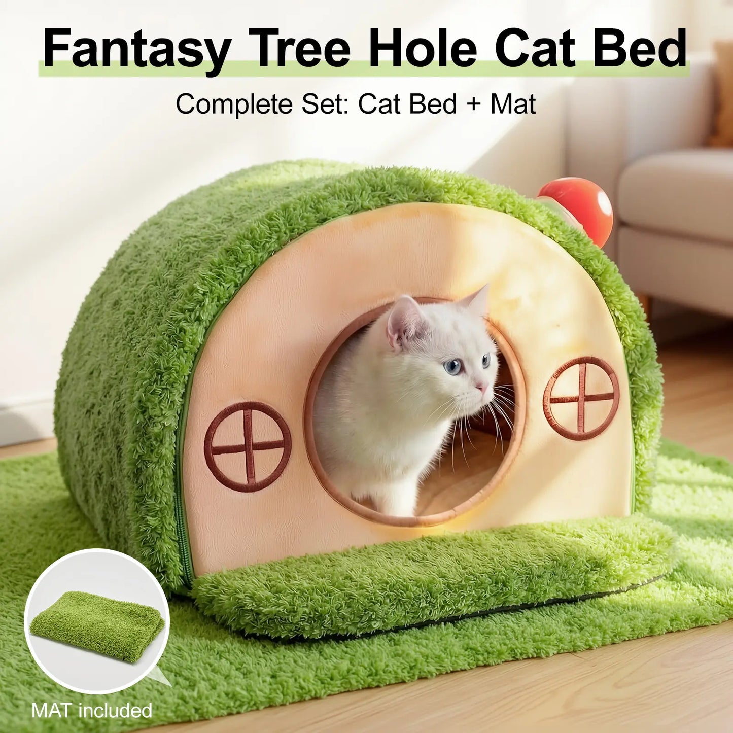 Crystal Velvet Tree Hole Cat Bed for Indoor Cats - Enclosed Whimsical Hideaway Nest Tent, Removable Washable Cushion, Anti-Slip Bottom for Kittens