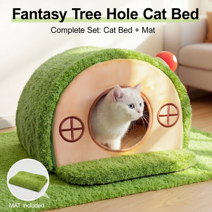 Crystal Velvet Tree Hole Cat Bed for Indoor Cats - Enclosed Whimsical Hideaway Nest Tent, Removable Washable Cushion, Anti-Slip Bottom for Kittens