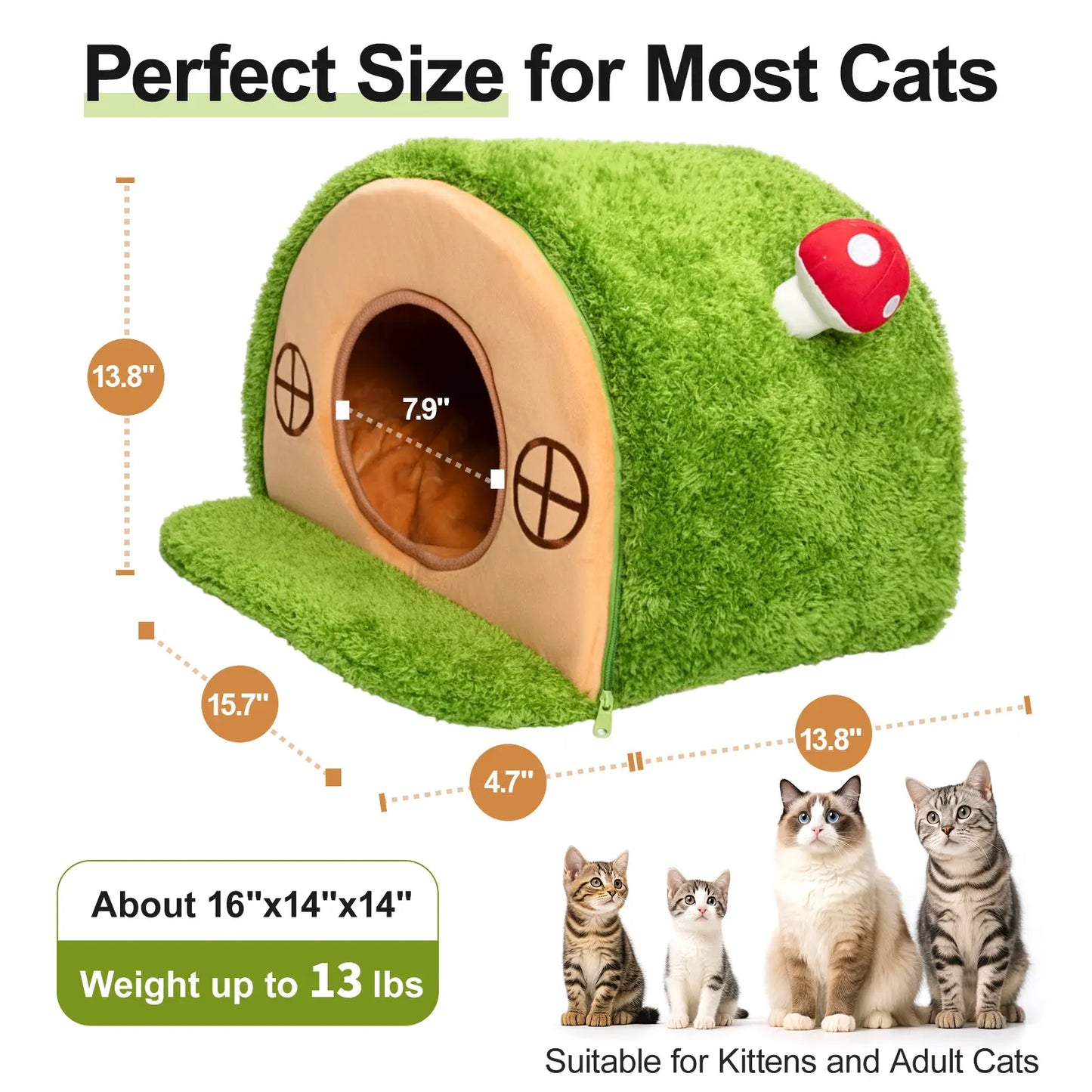 Crystal Velvet Tree Hole Cat Bed for Indoor Cats - Enclosed Whimsical Hideaway Nest Tent, Removable Washable Cushion, Anti-Slip Bottom for Kittens