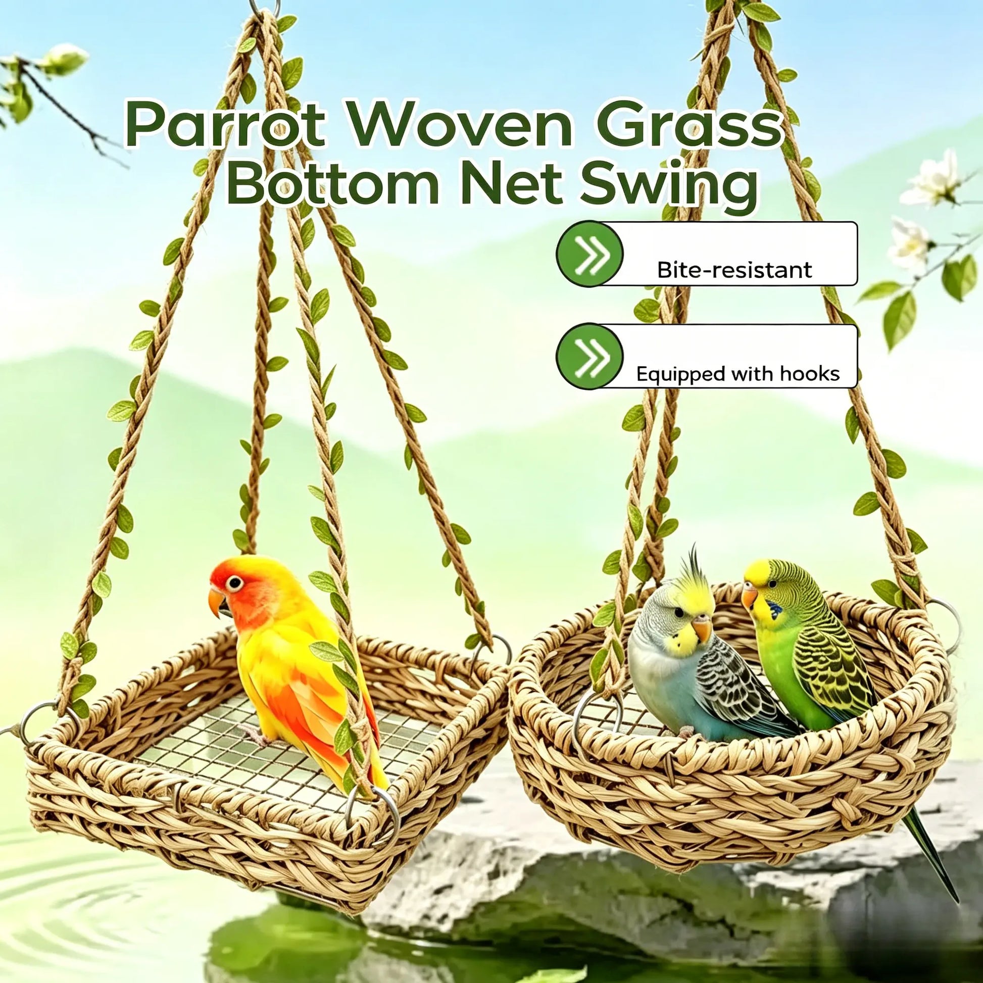 Hanging Bird Swing Bed for Small Birds, Woven Bird Hammock Perch with Hooks and Mesh Bottom, Cage Resting Nest Toy for Parakeets, Budgies, Cockatiels, Lovebirds & Finches