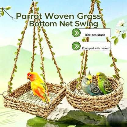Hanging Bird Swing Bed for Small Birds, Woven Bird Hammock Perch with Hooks and Mesh Bottom, Cage Resting Nest Toy for Parakeets, Budgies, Cockatiels, Lovebirds & Finches