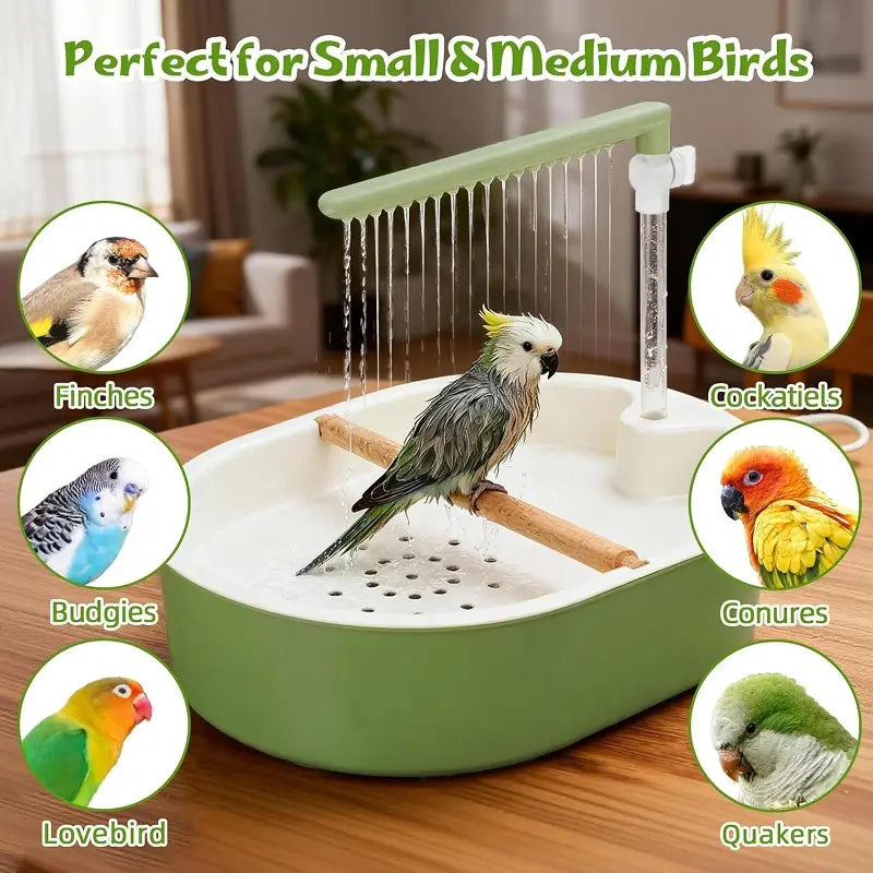 Automatic Bird Grooming Bath Tub with Continuous Rain Shower, Anti-Slip Wooden Perch, Water Circulation, Splash-Proof Deep Basin - Pet Supply Enhances Bath Time, Encourages Natural Bathing Behavior, Supports Happy & Healthy Feathers for Cockatiels