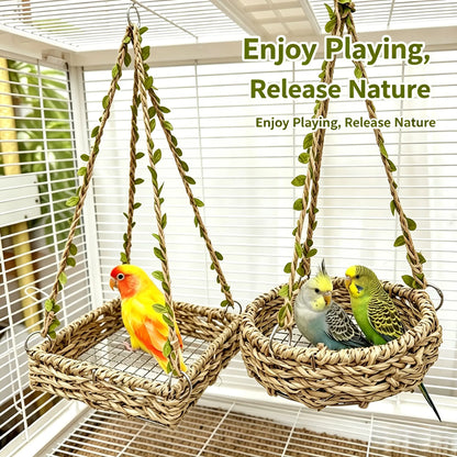 Hanging Bird Swing Bed for Small Birds, Woven Bird Hammock Perch with Hooks and Mesh Bottom, Cage Resting Nest Toy for Parakeets, Budgies, Cockatiels, Lovebirds & Finches