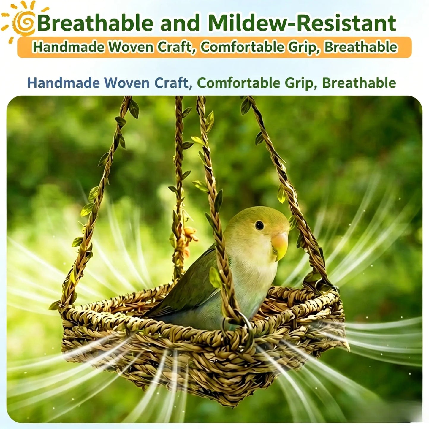 Hanging Bird Swing Bed for Small Birds, Woven Bird Hammock Perch with Hooks and Mesh Bottom, Cage Resting Nest Toy for Parakeets, Budgies, Cockatiels, Lovebirds & Finches