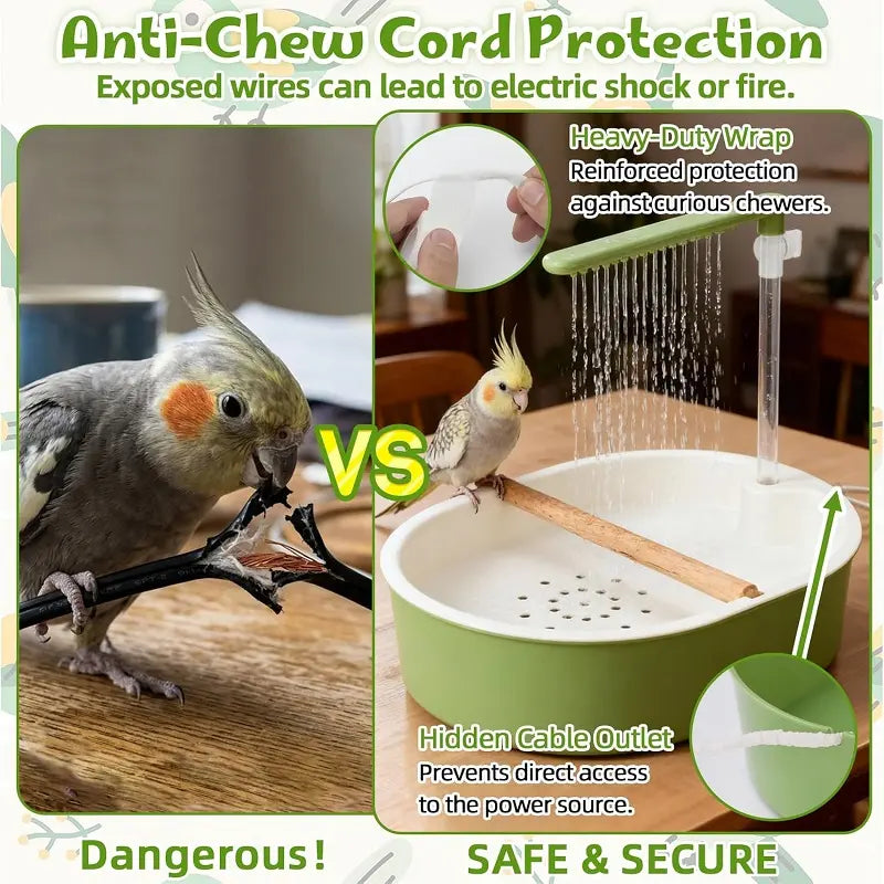 Automatic Bird Grooming Bath Tub with Continuous Rain Shower, Anti-Slip Wooden Perch, Water Circulation, Splash-Proof Deep Basin - Pet Supply Enhances Bath Time, Encourages Natural Bathing Behavior, Supports Happy & Healthy Feathers for Cockatiels
