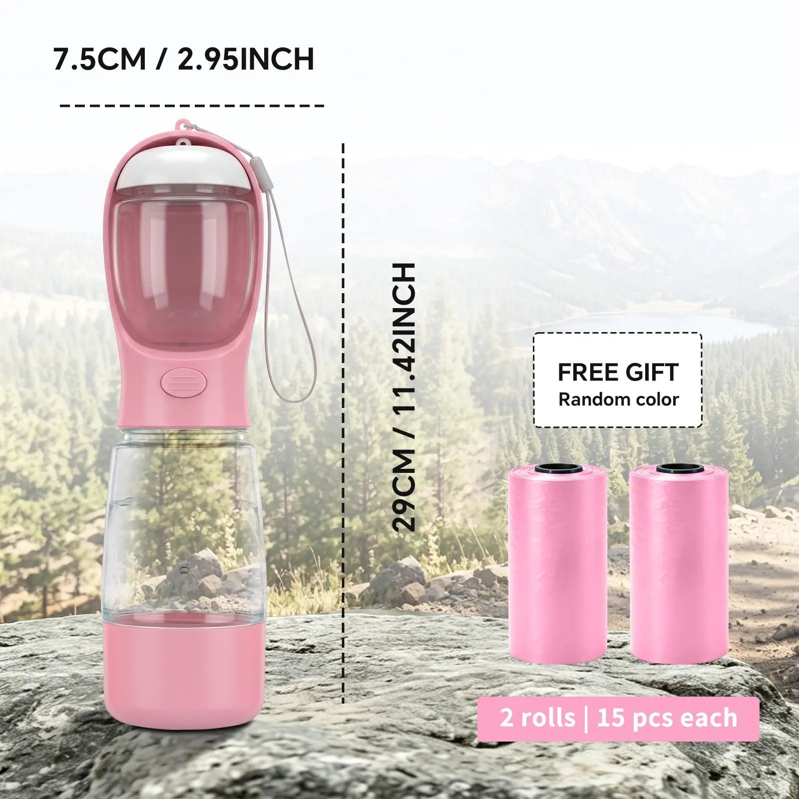 Portable 3-In-1 Dog Water Bottle, with 2 Rolls Waste Bags (30 Pcs Total), Food Container & Built-In Poop Bag Dispenser (29Cm X 7.5Cm/11.42In X 2.95In) - Leak-Proof Travel Dog Cup for Walking, Hiking, with 2 Rolls Waste Bags (30 Pcs Total)