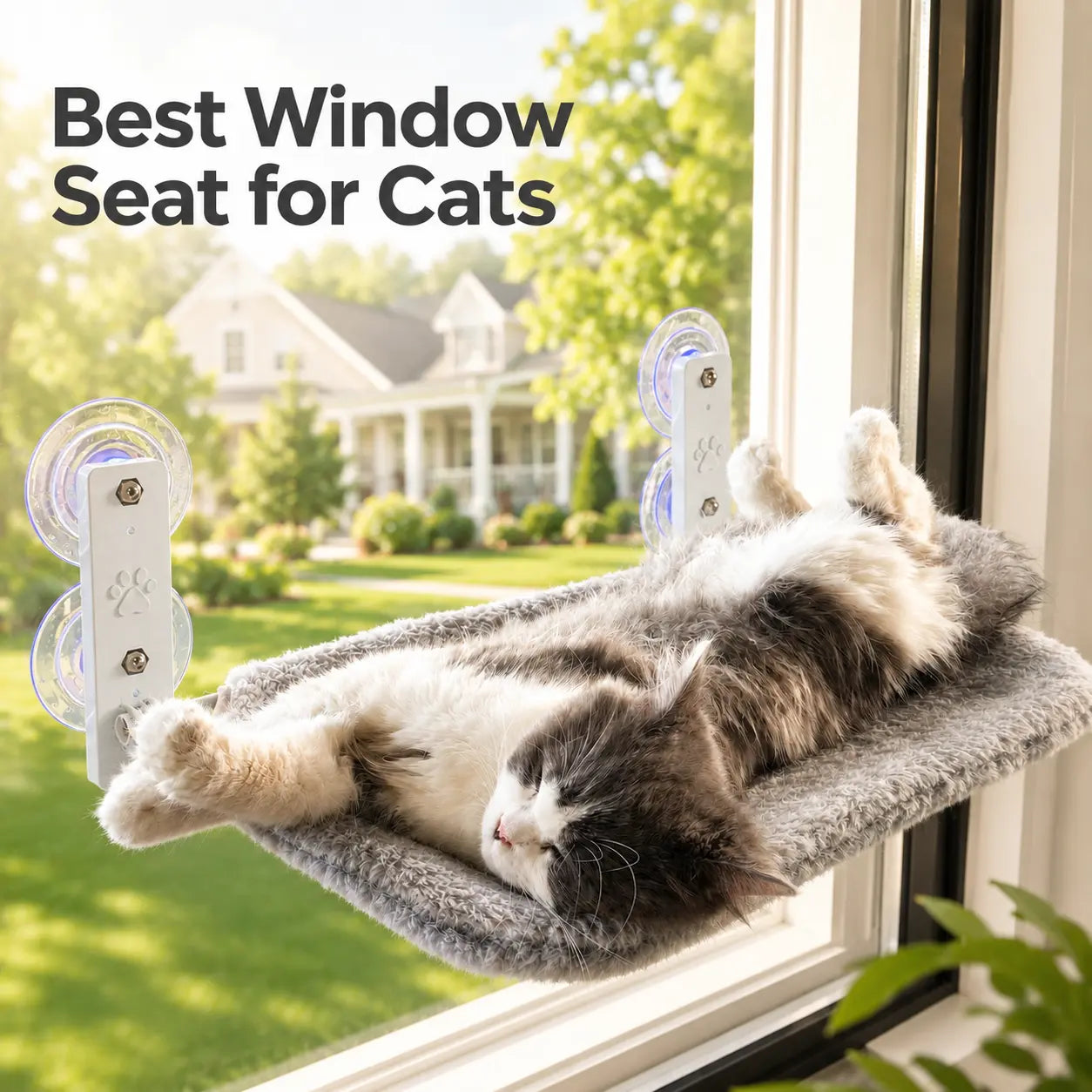 Sturdy Metal Frame Cat Hammock for Window, Folding, Cordless, Machine Washable Cat Bed, Strong Suction Cups, Cat Window Perch for Indoor Cats