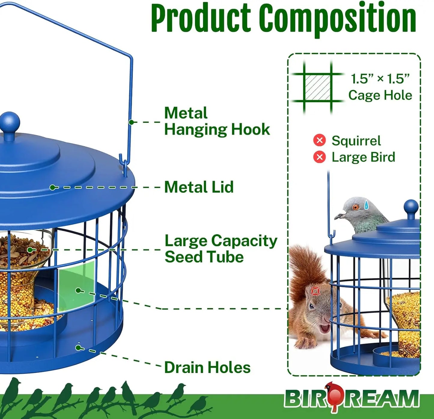 Birdream Squirrel-Proof Bird Feeder for Outdoors, Metal Cage Design for Small Birds, Helps Deter Starlings, Drainage Holes, Easy to Refill