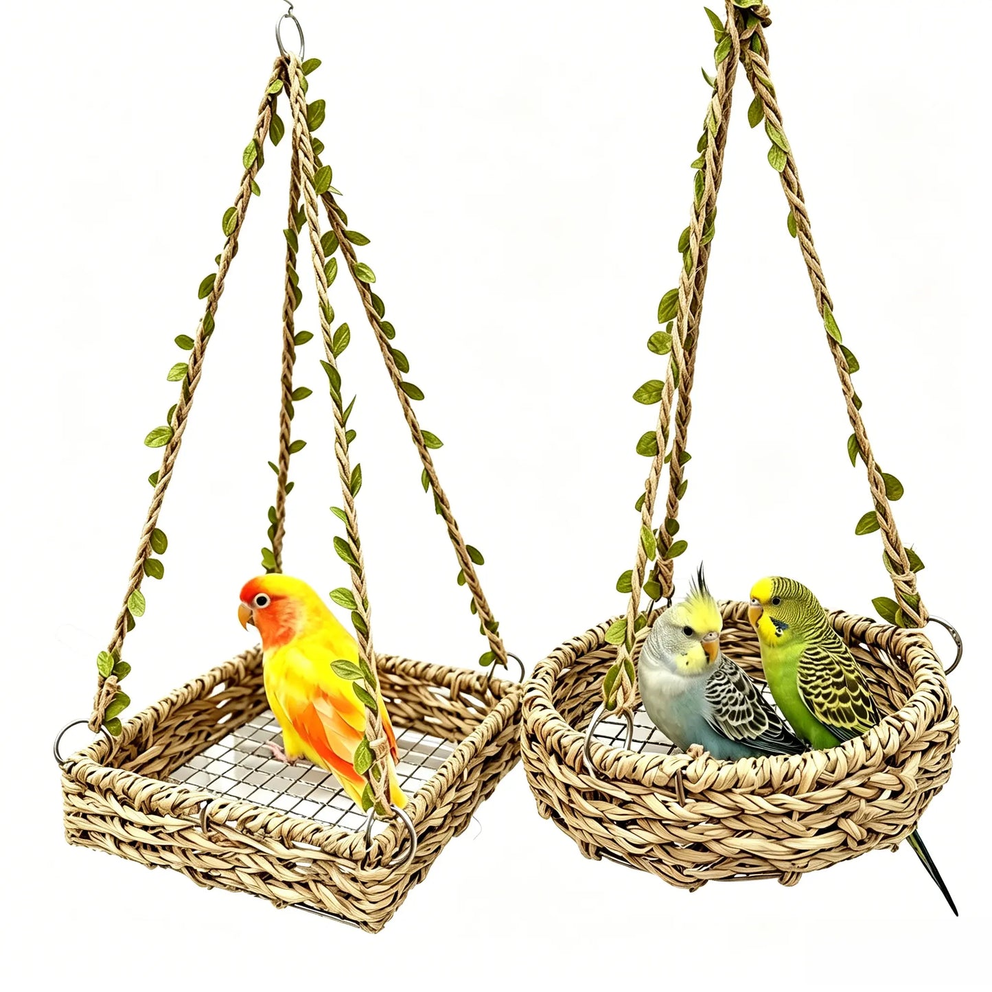 Hanging Bird Swing Bed for Small Birds, Woven Bird Hammock Perch with Hooks and Mesh Bottom, Cage Resting Nest Toy for Parakeets, Budgies, Cockatiels, Lovebirds & Finches