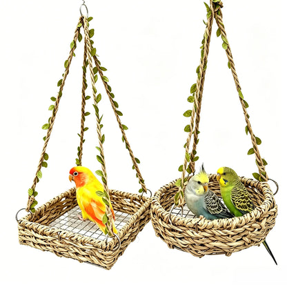 Hanging Bird Swing Bed for Small Birds, Woven Bird Hammock Perch with Hooks and Mesh Bottom, Cage Resting Nest Toy for Parakeets, Budgies, Cockatiels, Lovebirds & Finches