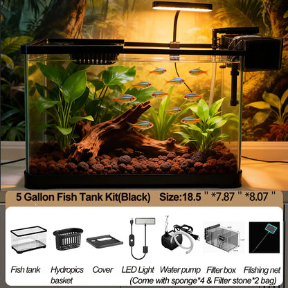 5 Gallon Fish Tank, Aquarium Plastic Starter Kit with Filter, Led Light, Sponge, and Filter Ball, Fish Tank for Betta, Plastic Nano Aquarium with Lid(18.5*7.87*8.07 Inch / Black) (5 Gallon Fish Tank)