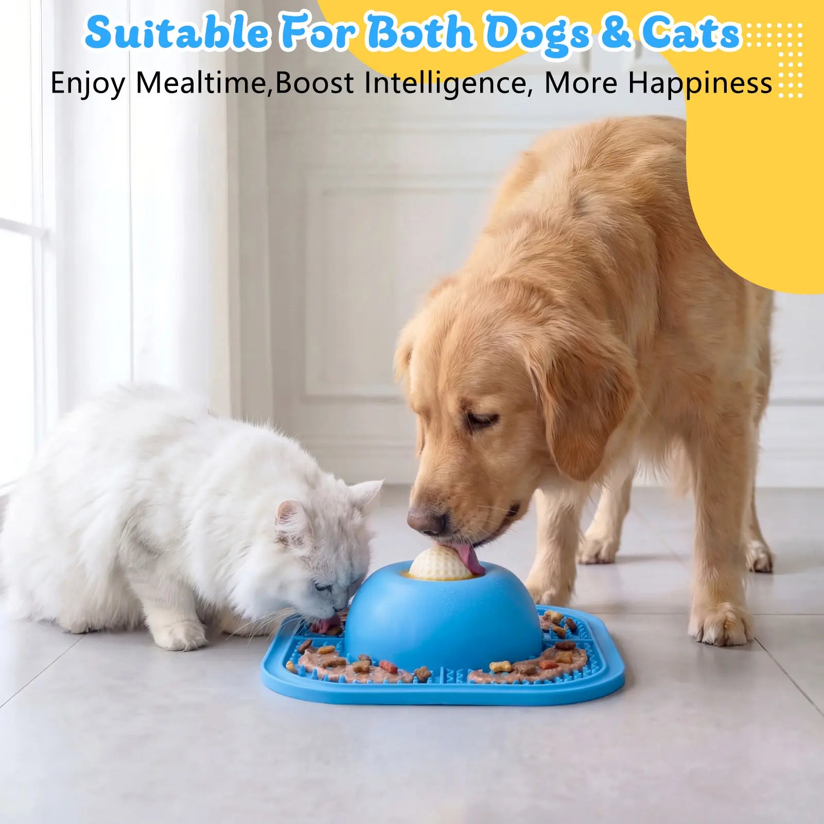 Slow Feeder Dog Bowls & Lick Mat for Liquid and Thick Treat, Anti-Slip Dog Lick Bowl with Interactive Rolling Ball, 5/6 Cup Pup Licking Toy for Large Medium Small Dogs and Cats Blue