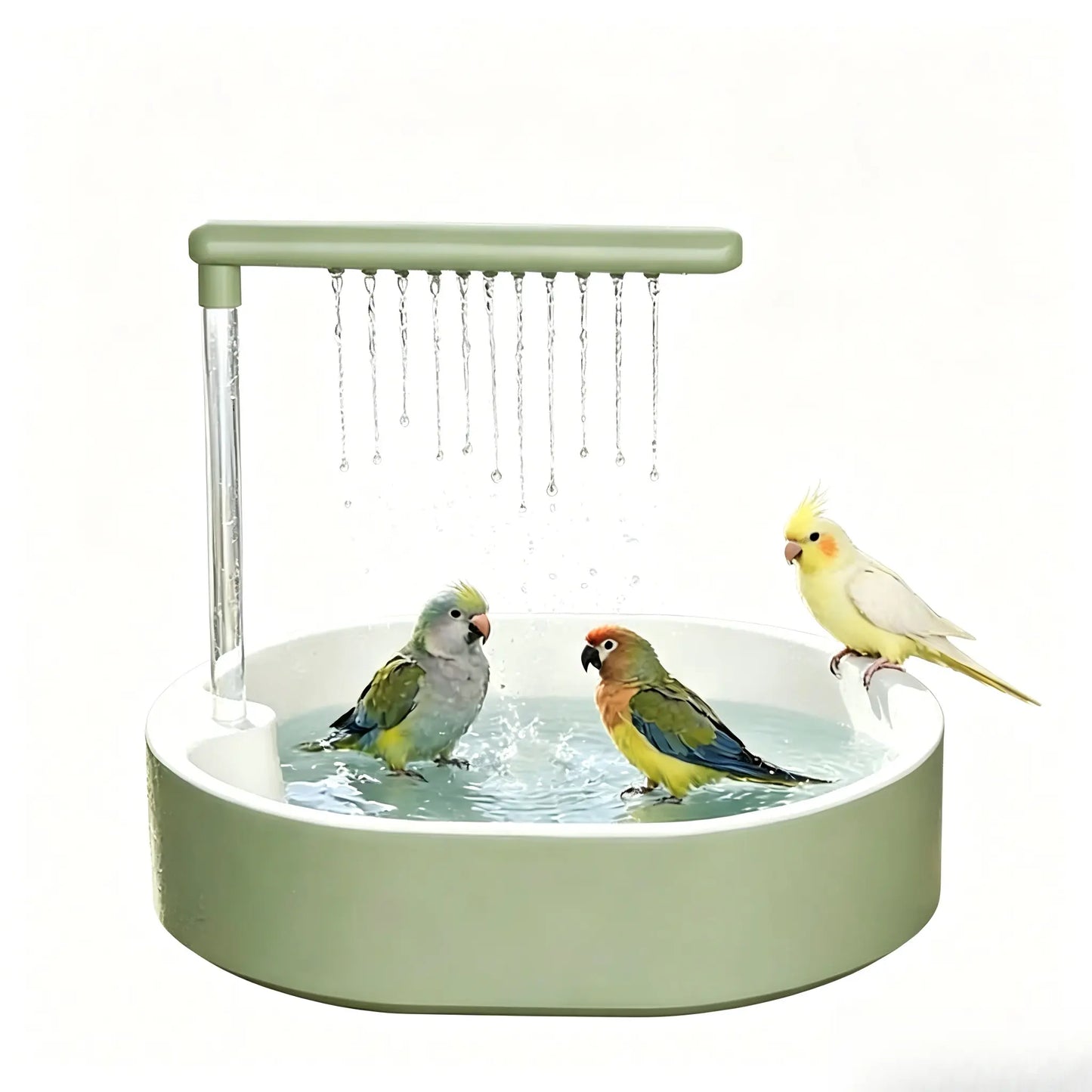 Automatic Bird Grooming Bath Tub with Continuous Rain Shower, Anti-Slip Wooden Perch, Water Circulation, Splash-Proof Deep Basin - Pet Supply Enhances Bath Time, Encourages Natural Bathing Behavior, Supports Happy & Healthy Feathers for Cockatiels