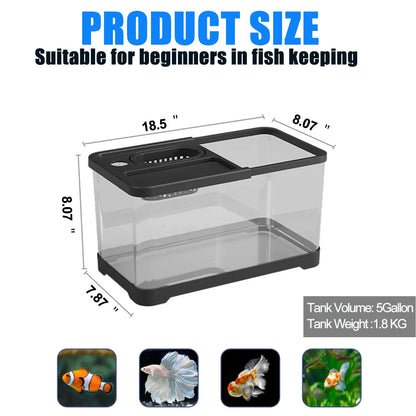 5 Gallon Fish Tank, Aquarium Plastic Starter Kit with Filter, Led Light, Sponge, and Filter Ball, Fish Tank for Betta, Plastic Nano Aquarium with Lid(18.5*7.87*8.07 Inch / Black) (5 Gallon Fish Tank)