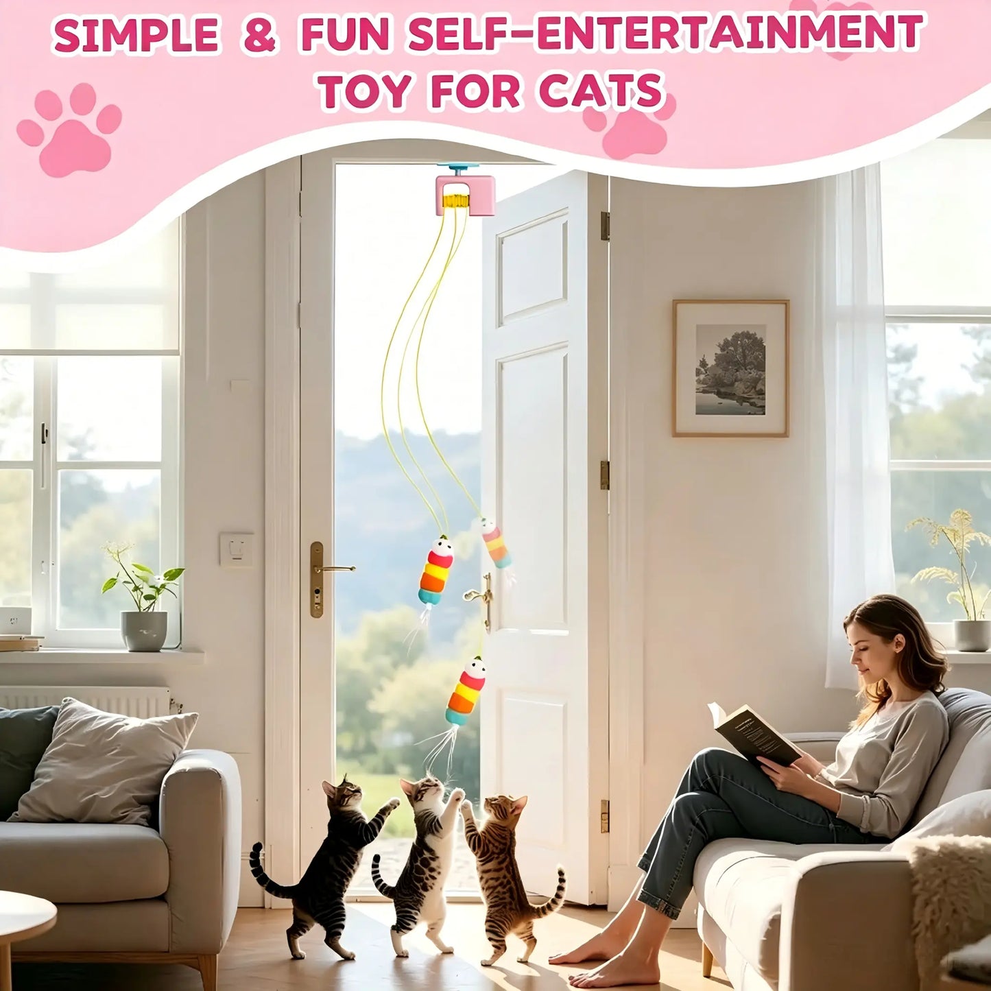 Interactive Retractable Bungee Cat Kitty Toy , Automatic Hanging Door Cat Toy, USB Rechargeable Auto Lifting Cat Teaser, Indoor Self-Play Exercise Toy for Boredom Relief Hanging Door Interactive Cat Teaser Electric Toy Pet Training Gift Breed