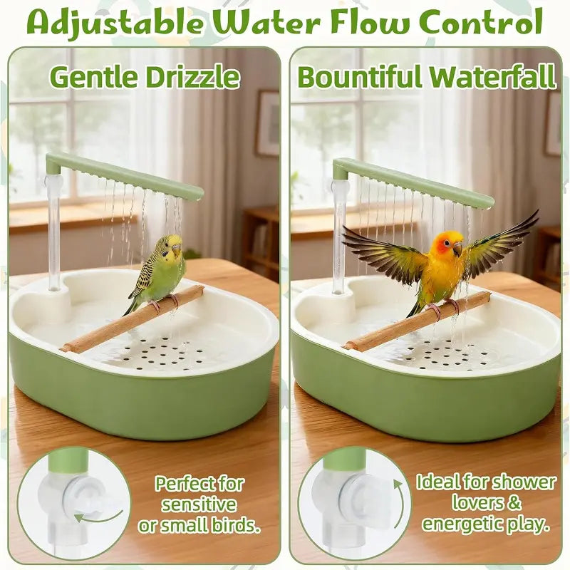 Automatic Bird Grooming Bath Tub with Continuous Rain Shower, Anti-Slip Wooden Perch, Water Circulation, Splash-Proof Deep Basin - Pet Supply Enhances Bath Time, Encourages Natural Bathing Behavior, Supports Happy & Healthy Feathers for Cockatiels