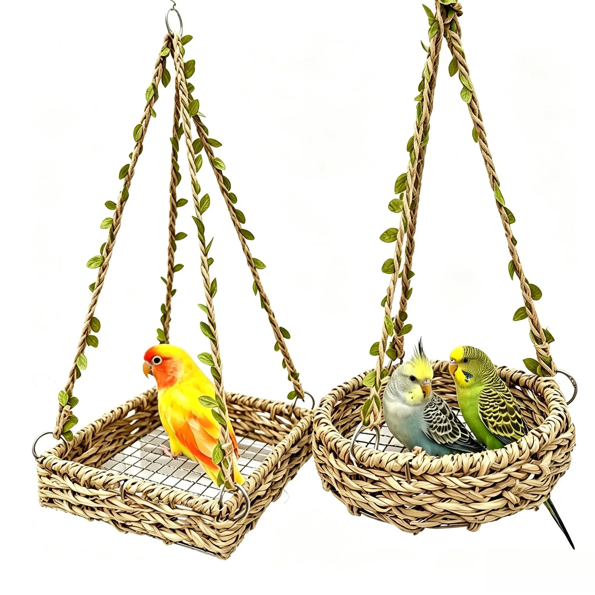 Hanging Bird Swing Bed for Small Birds, Woven Bird Hammock Perch with Hooks and Mesh Bottom, Cage Resting Nest Toy for Parakeets, Budgies, Cockatiels, Lovebirds & Finches