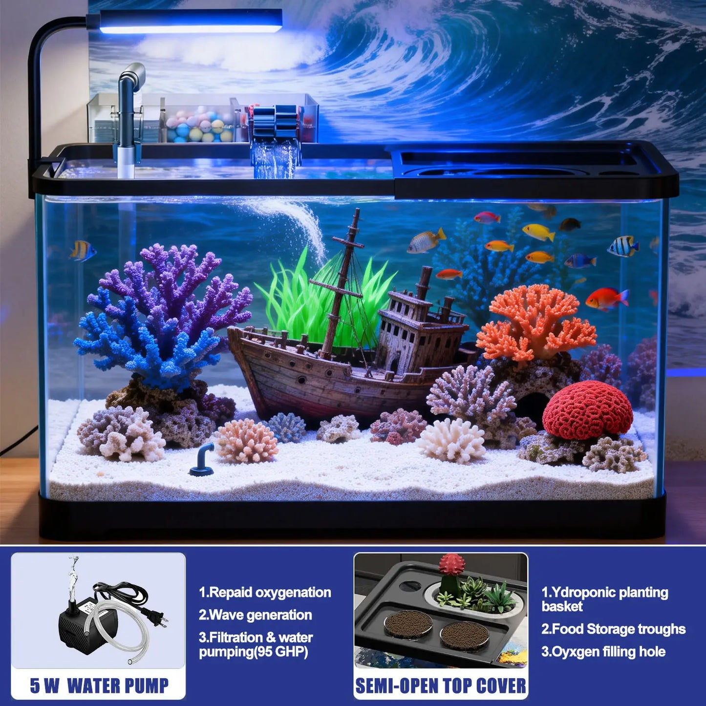 5 Gallon Fish Tank, Aquarium Plastic Starter Kit with Filter, Led Light, Sponge, and Filter Ball, Fish Tank for Betta, Plastic Nano Aquarium with Lid(18.5*7.87*8.07 Inch / Black) (5 Gallon Fish Tank)