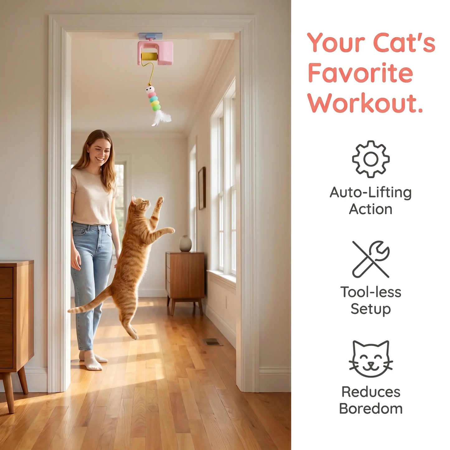 Interactive Retractable Bungee Cat Kitty Toy , Automatic Hanging Door Cat Toy, USB Rechargeable Auto Lifting Cat Teaser, Indoor Self-Play Exercise Toy for Boredom Relief Hanging Door Interactive Cat Teaser Electric Toy Pet Training Gift Breed