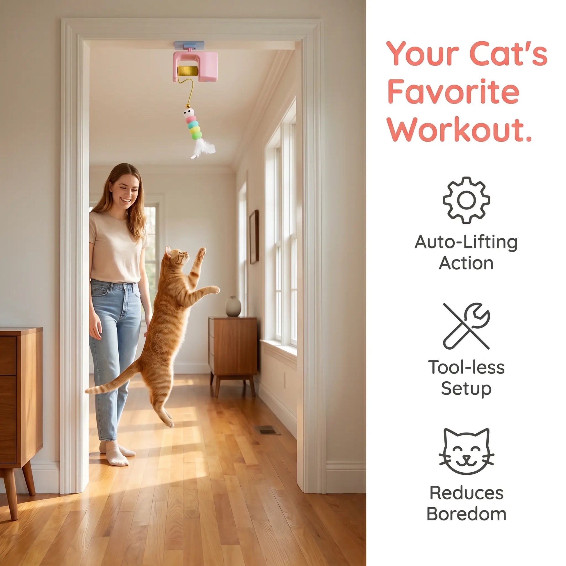 Interactive Retractable Bungee Cat Kitty Toy , Automatic Hanging Door Cat Toy, USB Rechargeable Auto Lifting Cat Teaser, Indoor Self-Play Exercise Toy for Boredom Relief Hanging Door Interactive Cat Teaser Electric Toy Pet Training Gift Breed
