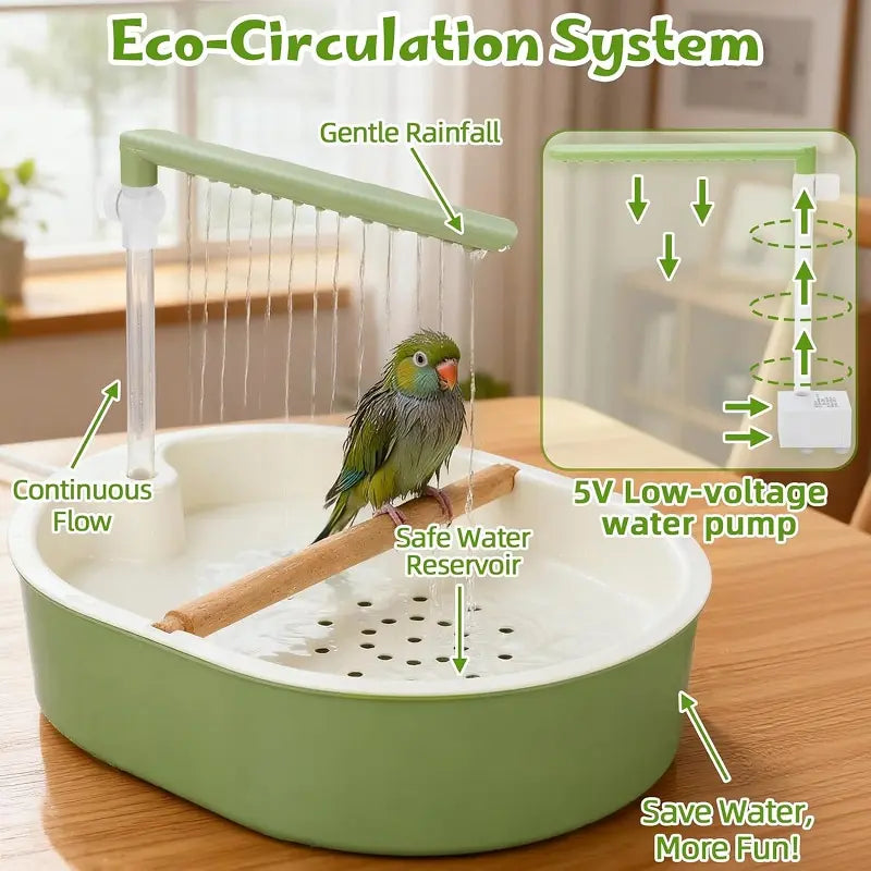 Automatic Bird Grooming Bath Tub with Continuous Rain Shower, Anti-Slip Wooden Perch, Water Circulation, Splash-Proof Deep Basin - Pet Supply Enhances Bath Time, Encourages Natural Bathing Behavior, Supports Happy & Healthy Feathers for Cockatiels