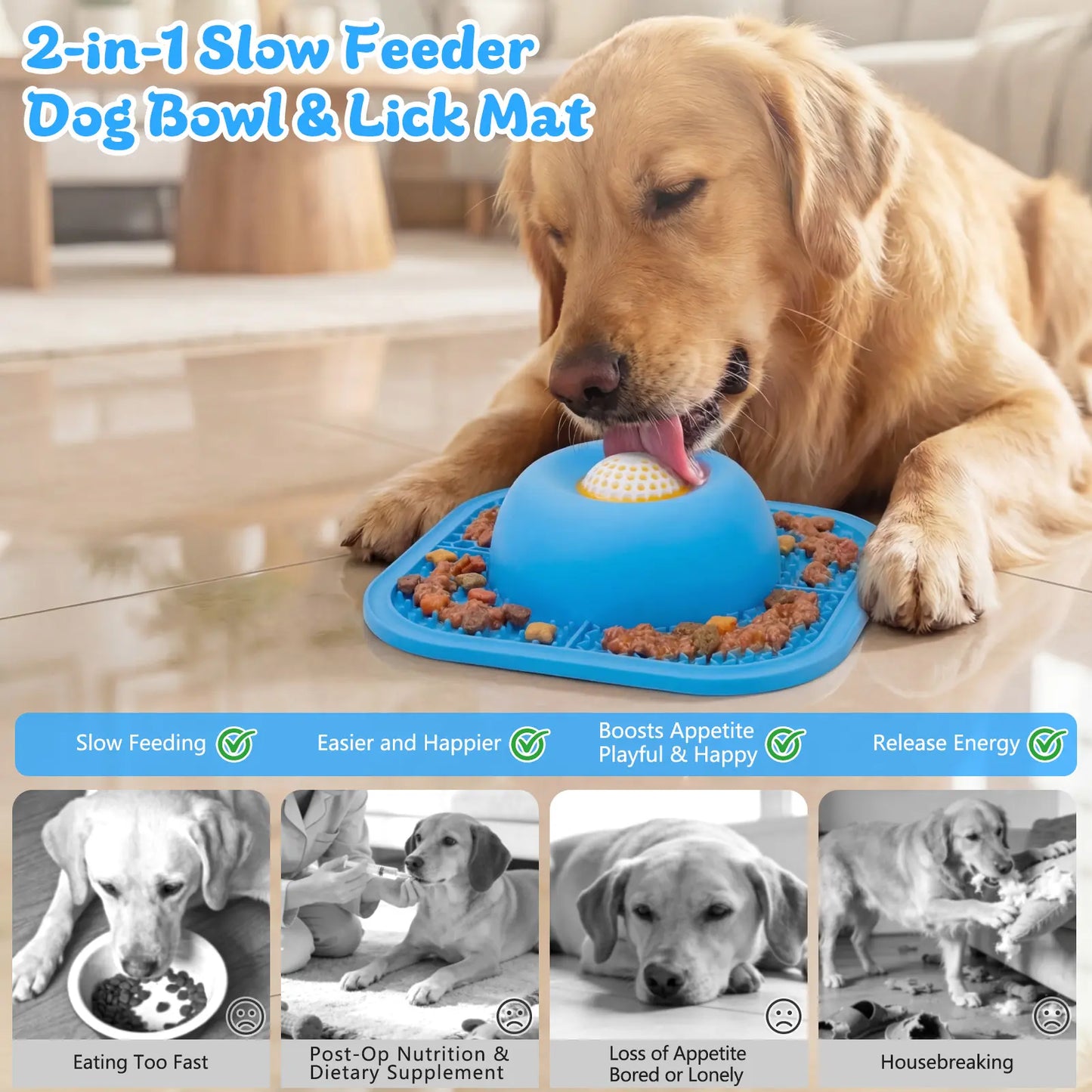 Slow Feeder Dog Bowls & Lick Mat for Liquid and Thick Treat, Anti-Slip Dog Lick Bowl with Interactive Rolling Ball, 5/6 Cup Pup Licking Toy for Large Medium Small Dogs and Cats Blue