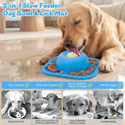 Slow Feeder Dog Bowls & Lick Mat for Liquid and Thick Treat, Anti-Slip Dog Lick Bowl with Interactive Rolling Ball, 5/6 Cup Pup Licking Toy for Large Medium Small Dogs and Cats Blue